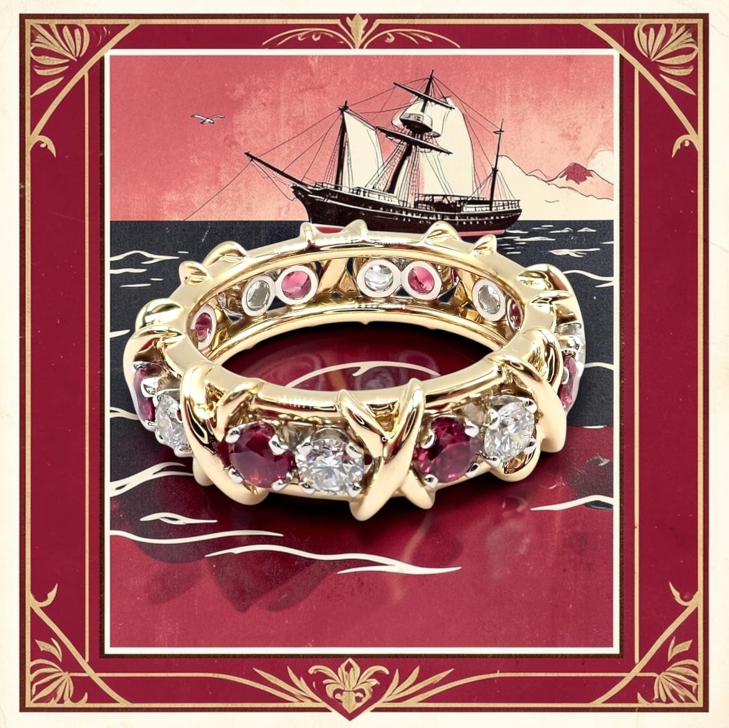 Tiffany & Co. Jewelry & Watches:Fine Jewelry:Rings Tiffany & Co Schlumberger 18k Gold Platinum 16 Stone Diamond Ruby Band Ring Sz 5