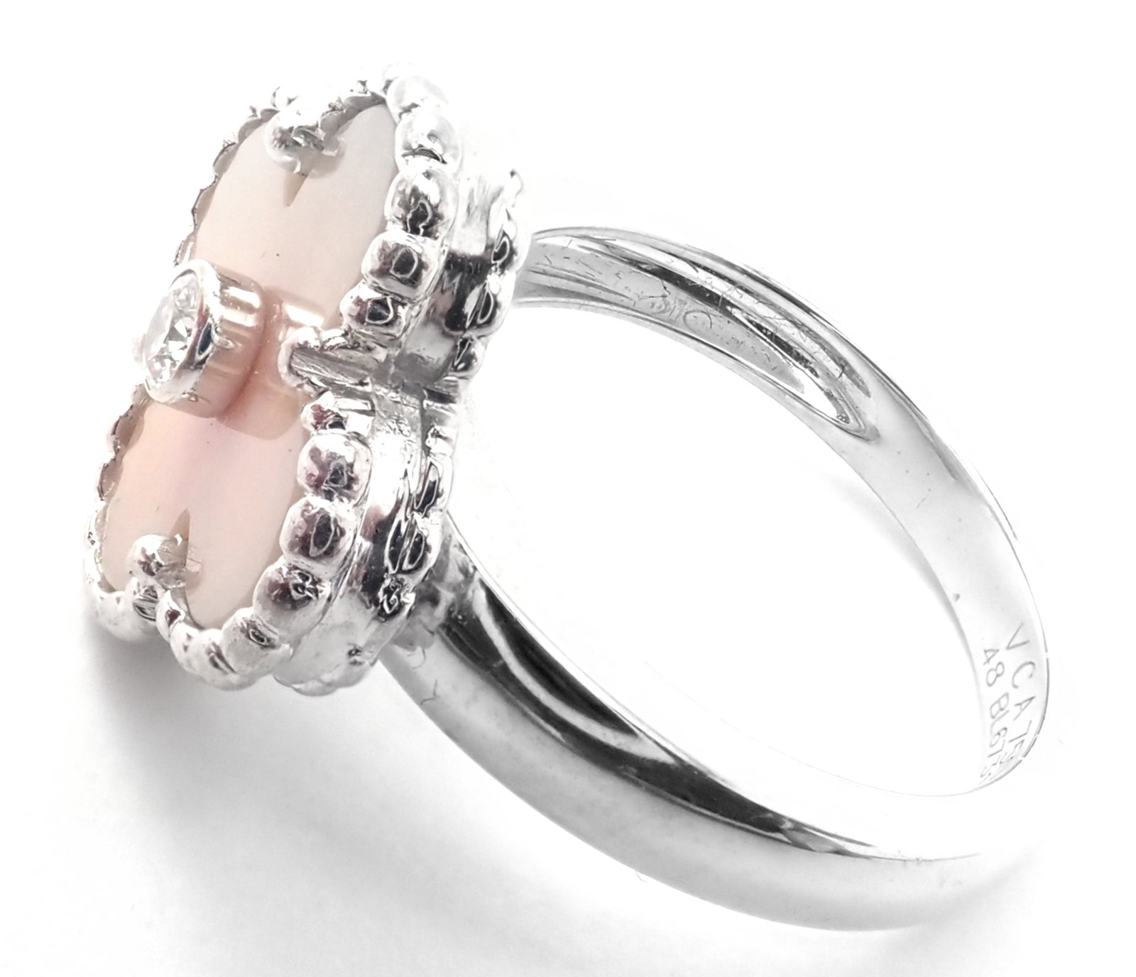 Authentic! Van Cleef & Arpels Alhambra 18k White Gold Pink Opal Diamond Ring | Fortrove