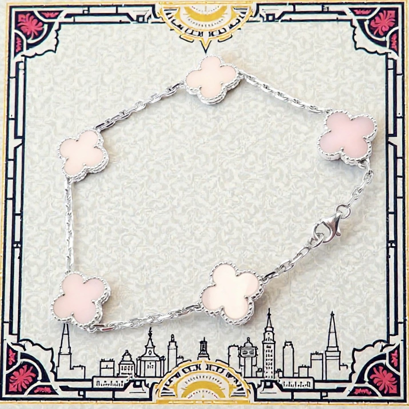 Authentic! Van Cleef & Arpels Alhambra 18k White Gold Pink Opal