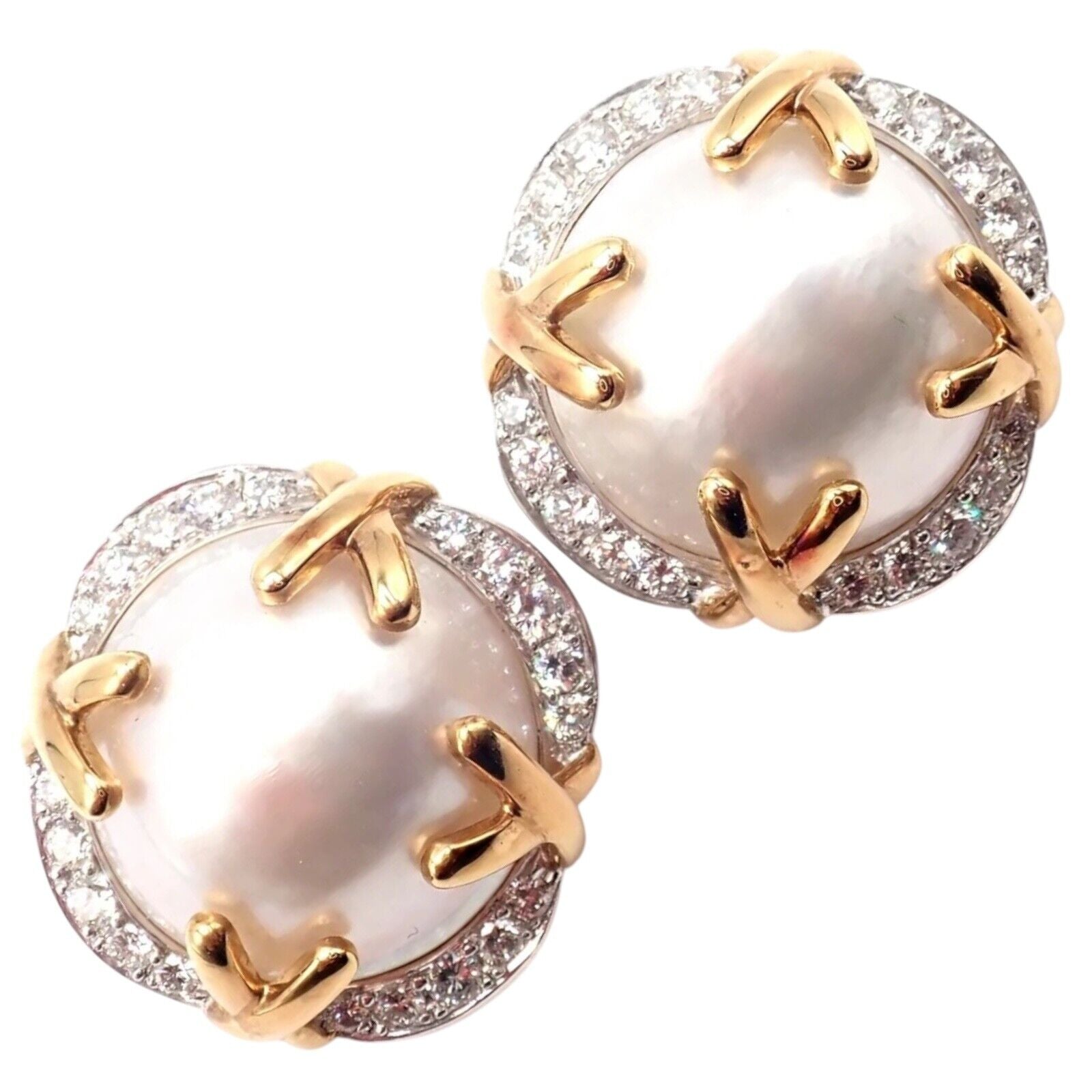 Authentic! Vintage Verdura 18k Yellow Gold Mabe Pearl Diamond Large Earrings | Fortrove