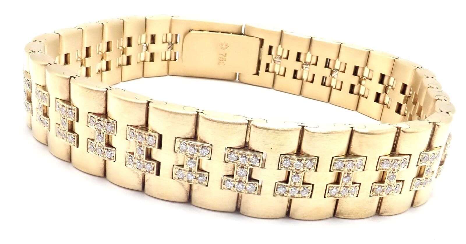 Authentic! Vintage Hermes Paris 18k Yellow Gold Diamond H Link Bracelet | Fortrove