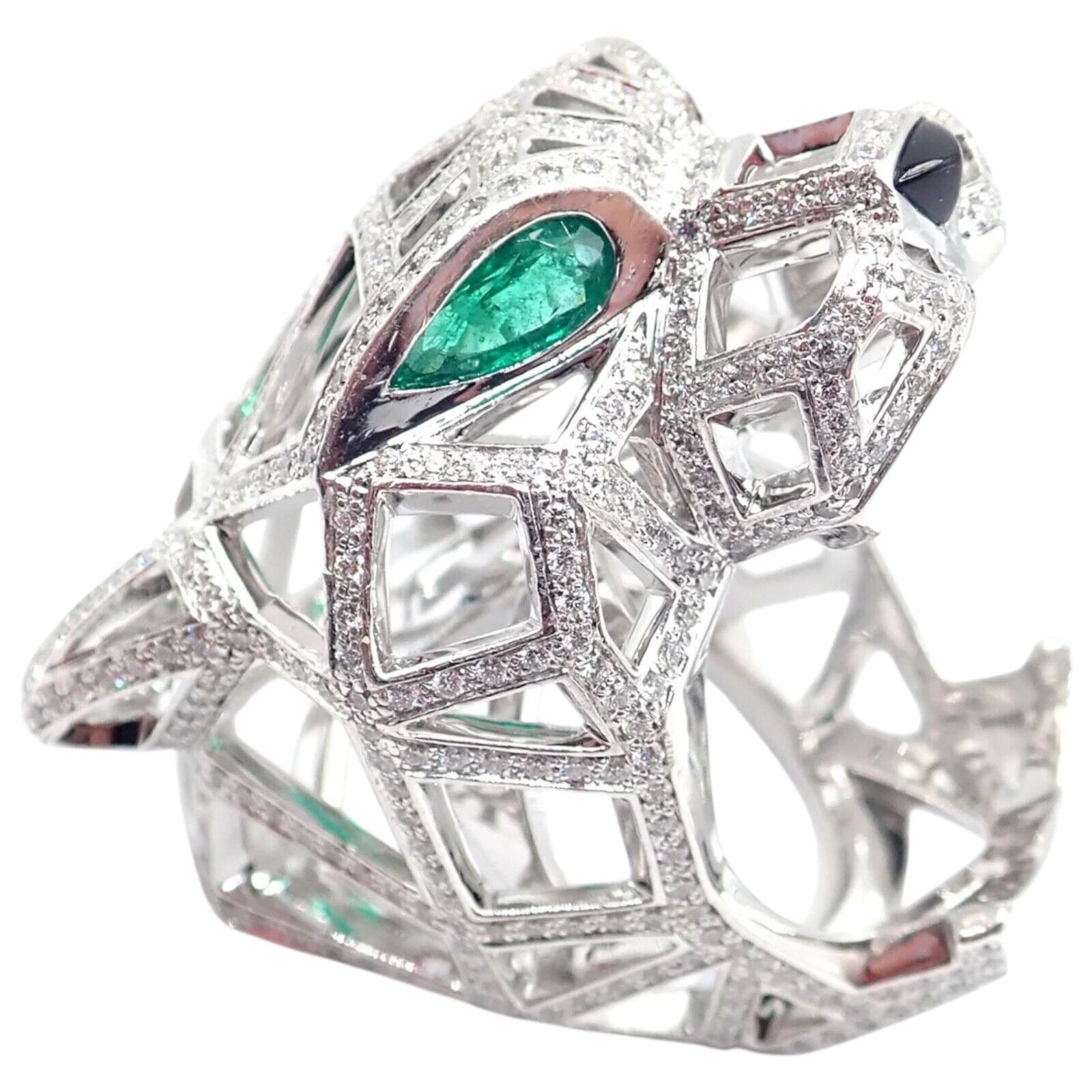 Cartier Jewelry & Watches:Fine Jewelry:Rings Cartier Panther Panthere 18k White Gold Emerald Diamond Paved Large Ring Size 54