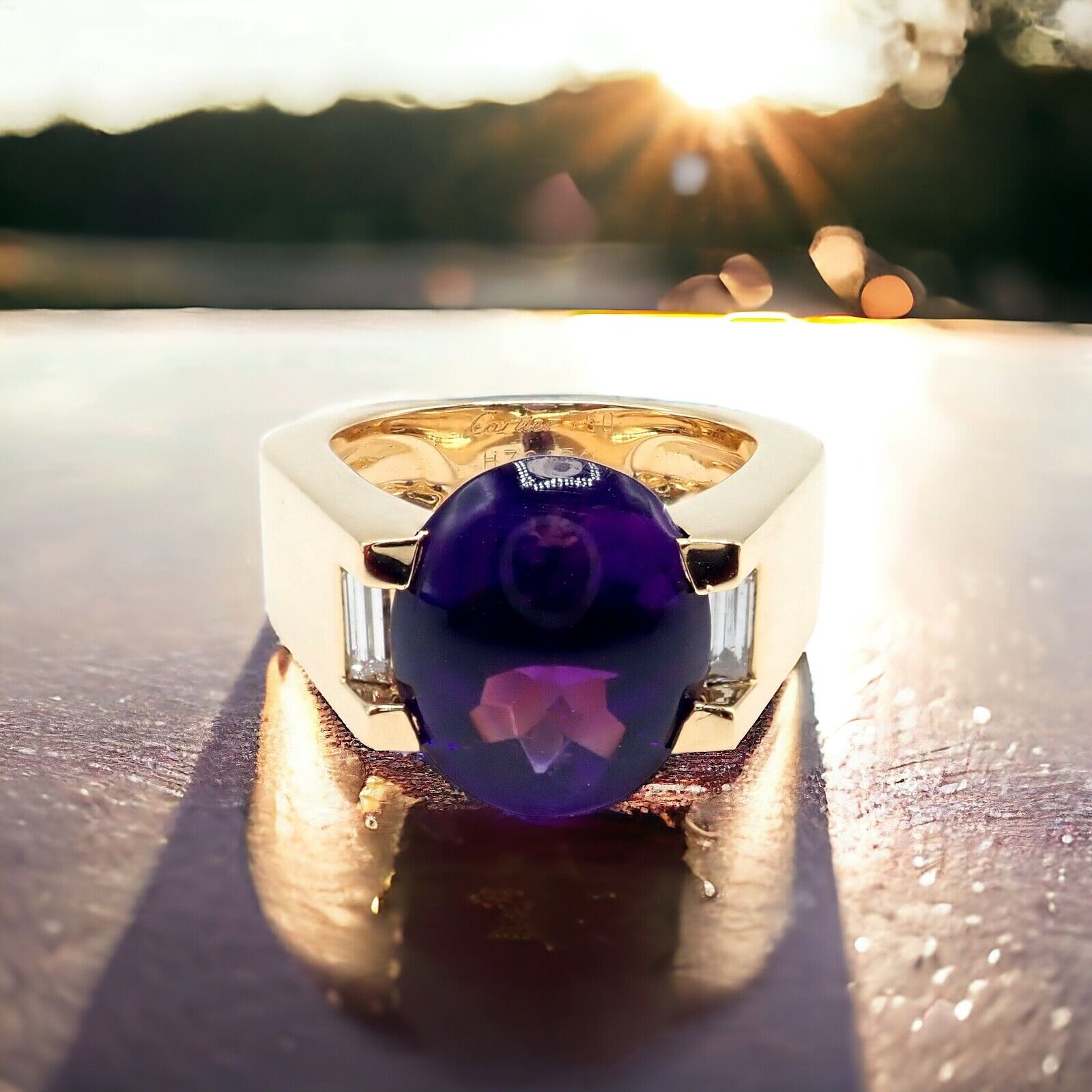 Authentic! Cartier Tankissi 18k Yellow Gold Diamond Large Amethyst Ring | Fortrove