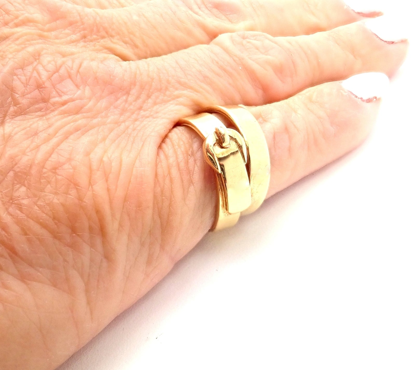 Authentic! Hermes 18K Yellow Gold Buckle Double Row Band Ring | Fortrove