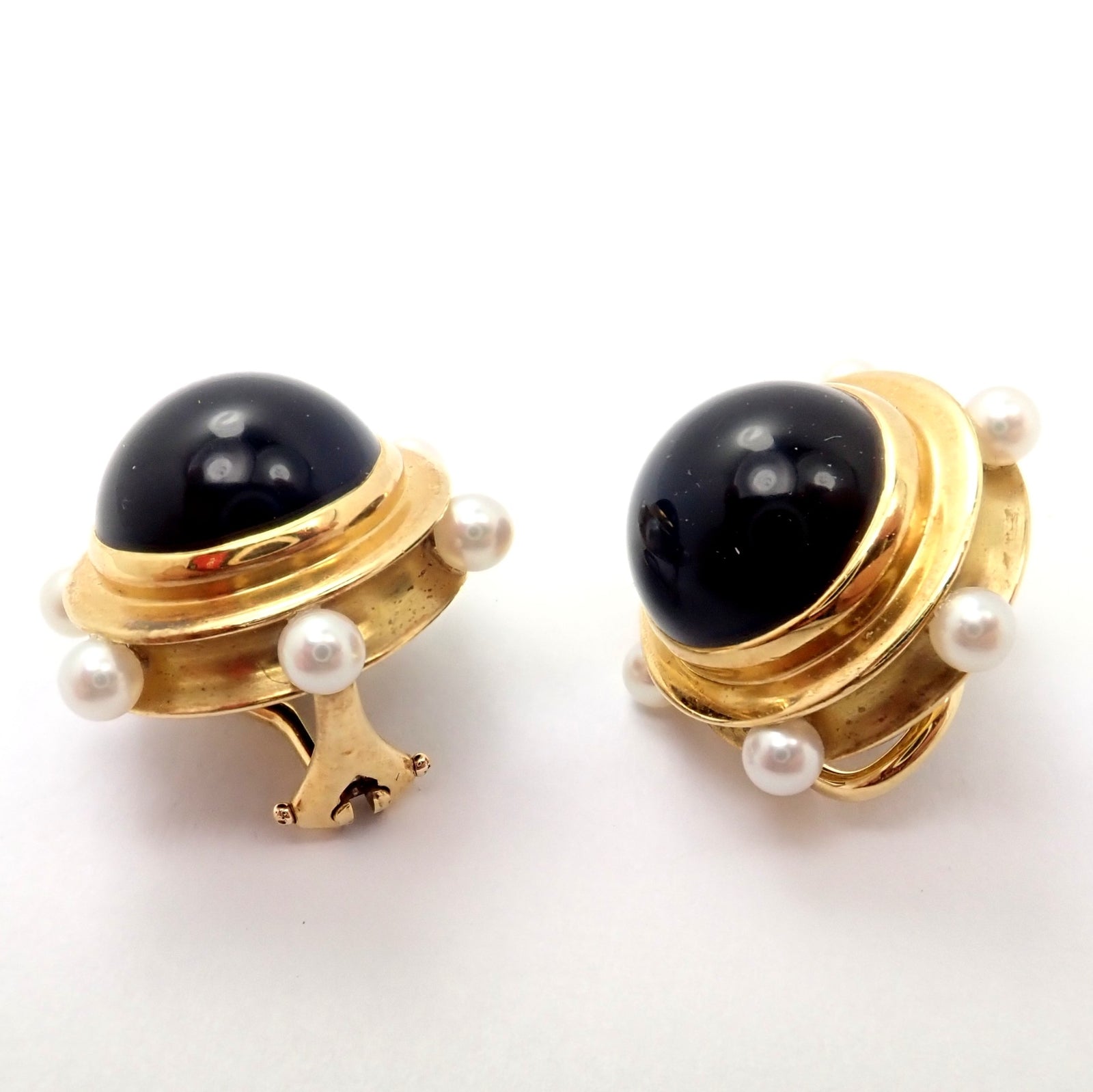 Vintage Authentic Rare Tiffany & Co. 18k Yellow Gold Pearl Onyx Earrings | Fortrove