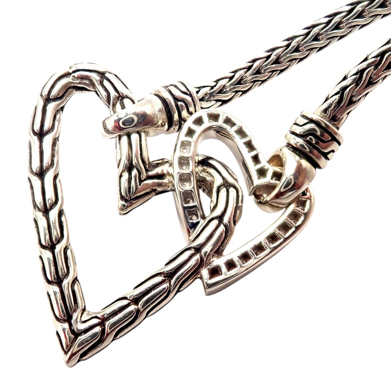 Authentic! John Hardy JH Silver Diamond Double Heart Manah Necklace | Fortrove