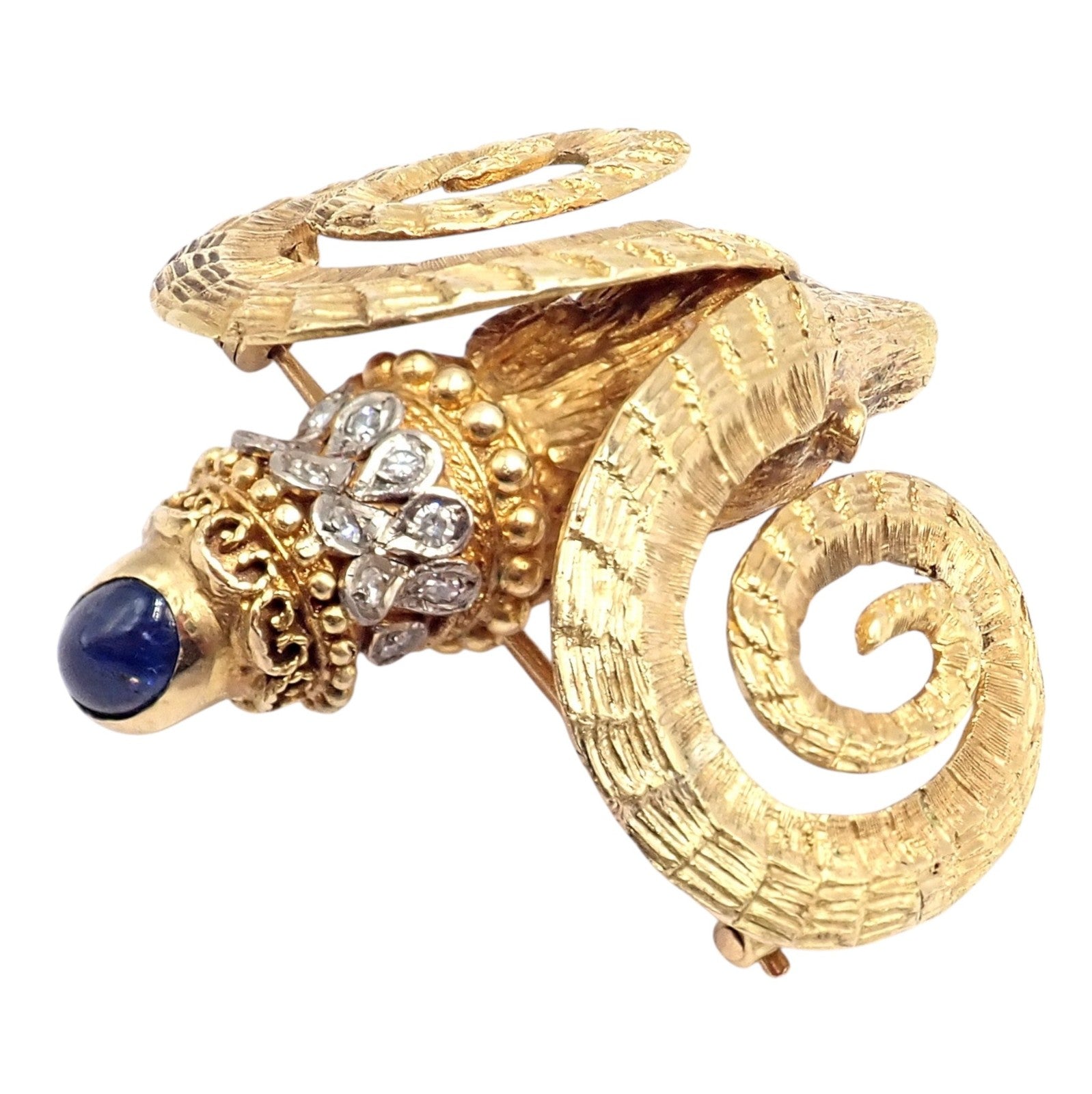 Rare Ilias Lalaounis 18k Yellow Gold Ram Ares Diamond Ruby Sapphire Large Brooch | Fortrove