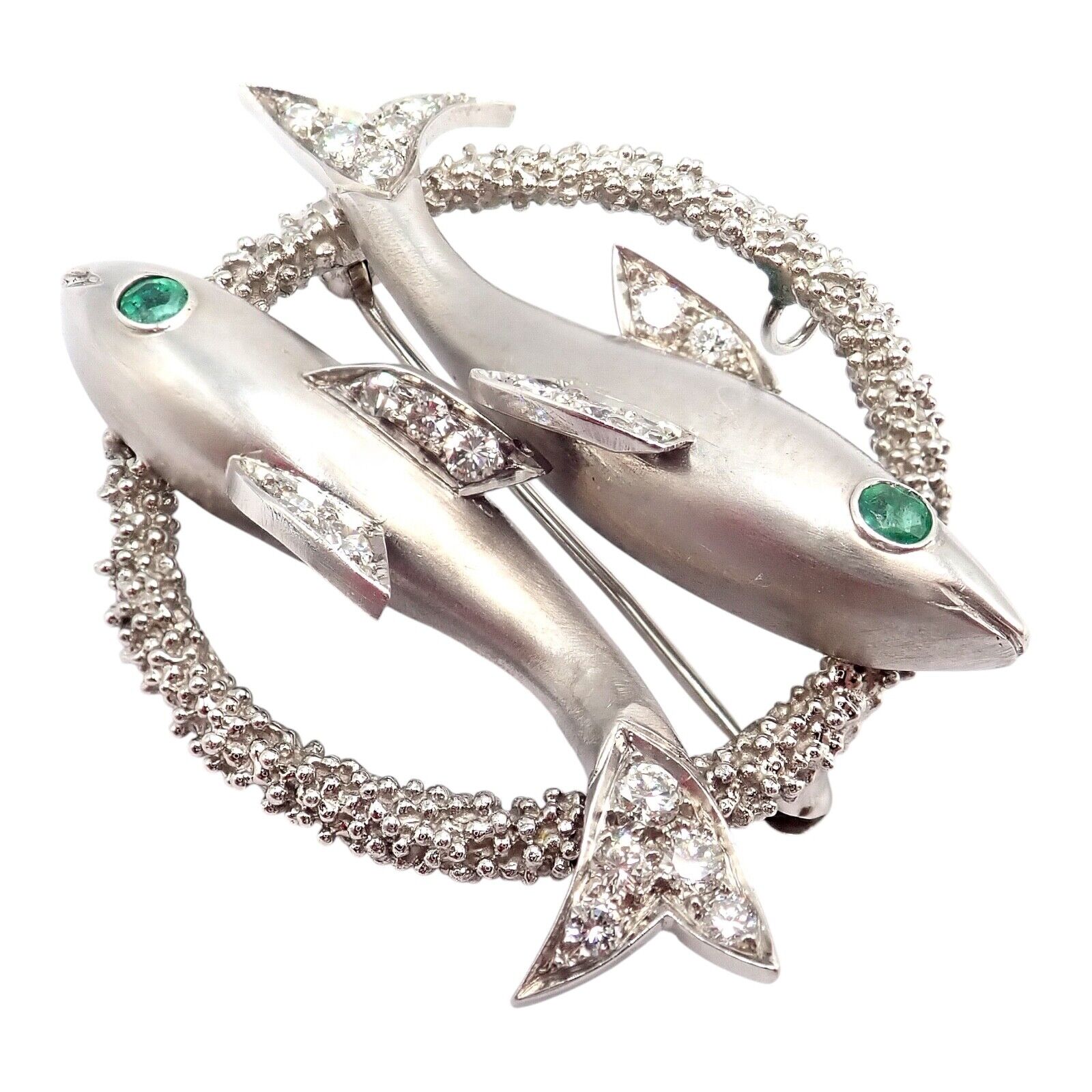 Cartier 18k White Gold Platinum Diamond Emerald Zodiac Pisces Fish Brooch Pin | Fortrove