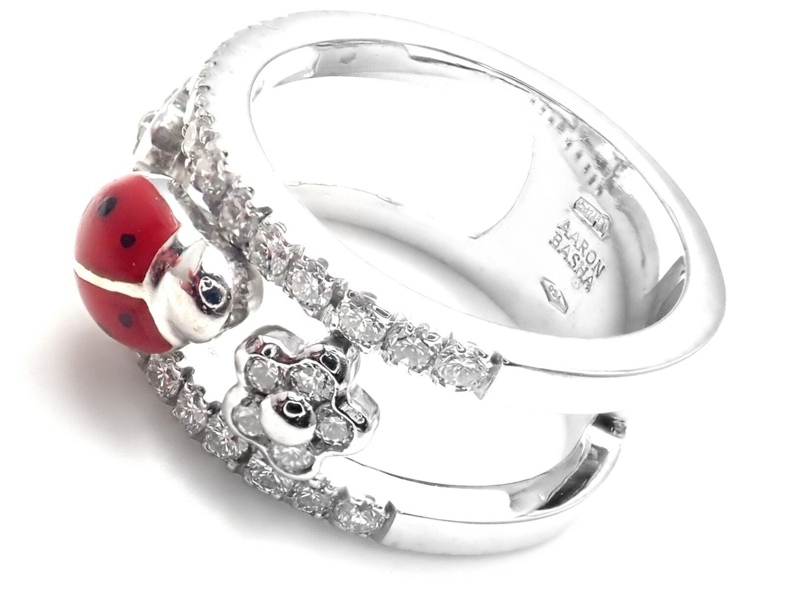 Authentic! Aaron Basha 18k White Gold Diamond Red Enamel Ladybug Band Ring | Fortrove