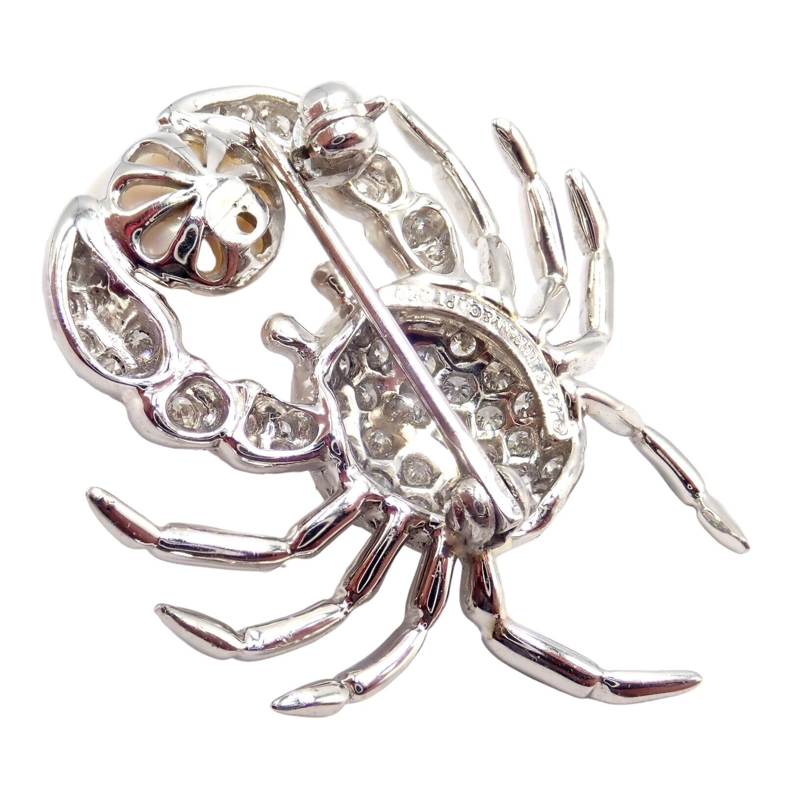 Rare! Authentic Tiffany & Co Platinum Crab 1.50ct Diamond 9mm Pearl Pin Brooch | Fortrove