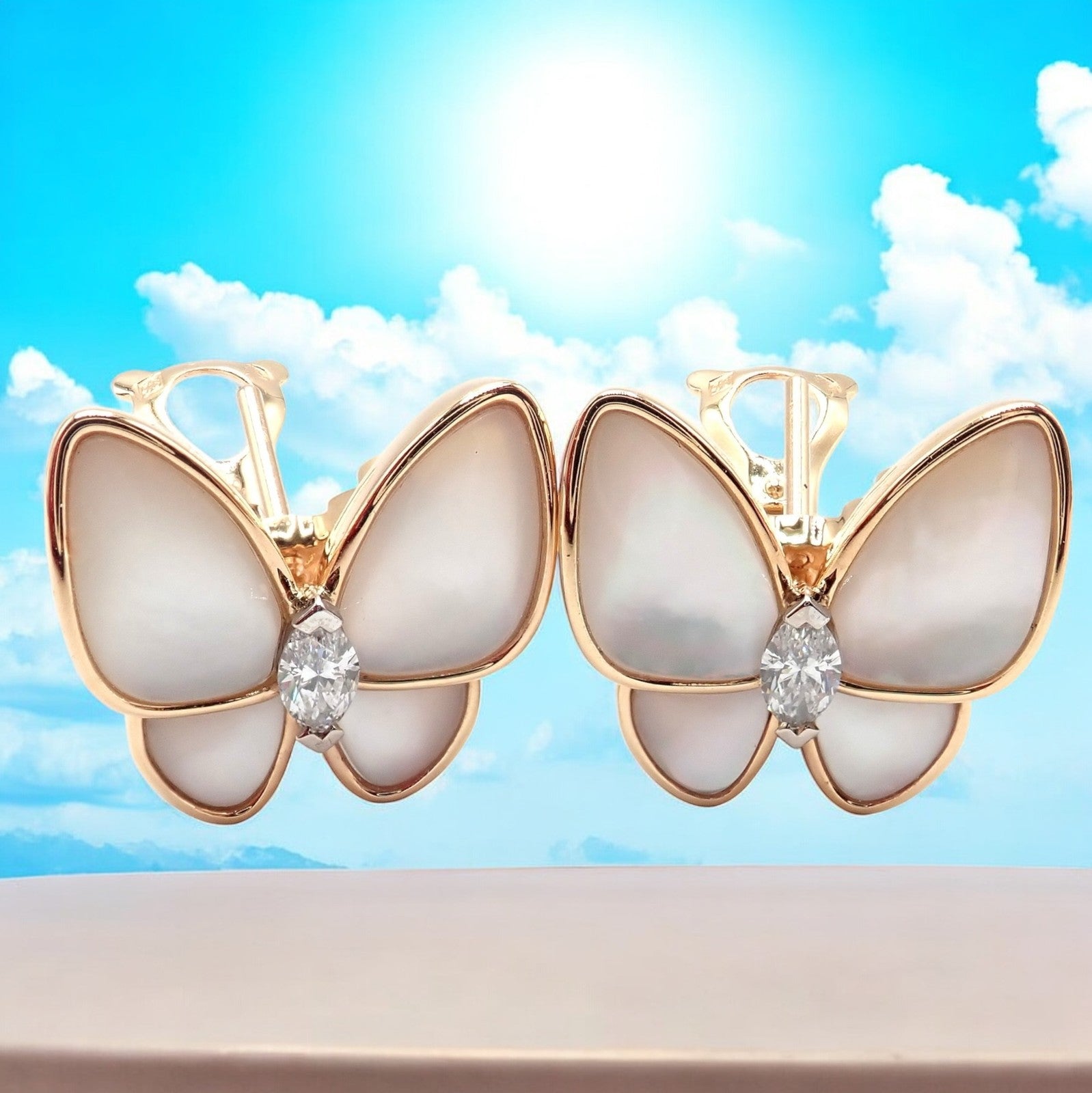 Van Cleef & Arpels Jewelry & Watches:Fine Jewelry:Earrings Van Cleef & Arpels 18k Rose Gold Diamond MoP Two Butterfly Earrings Cert