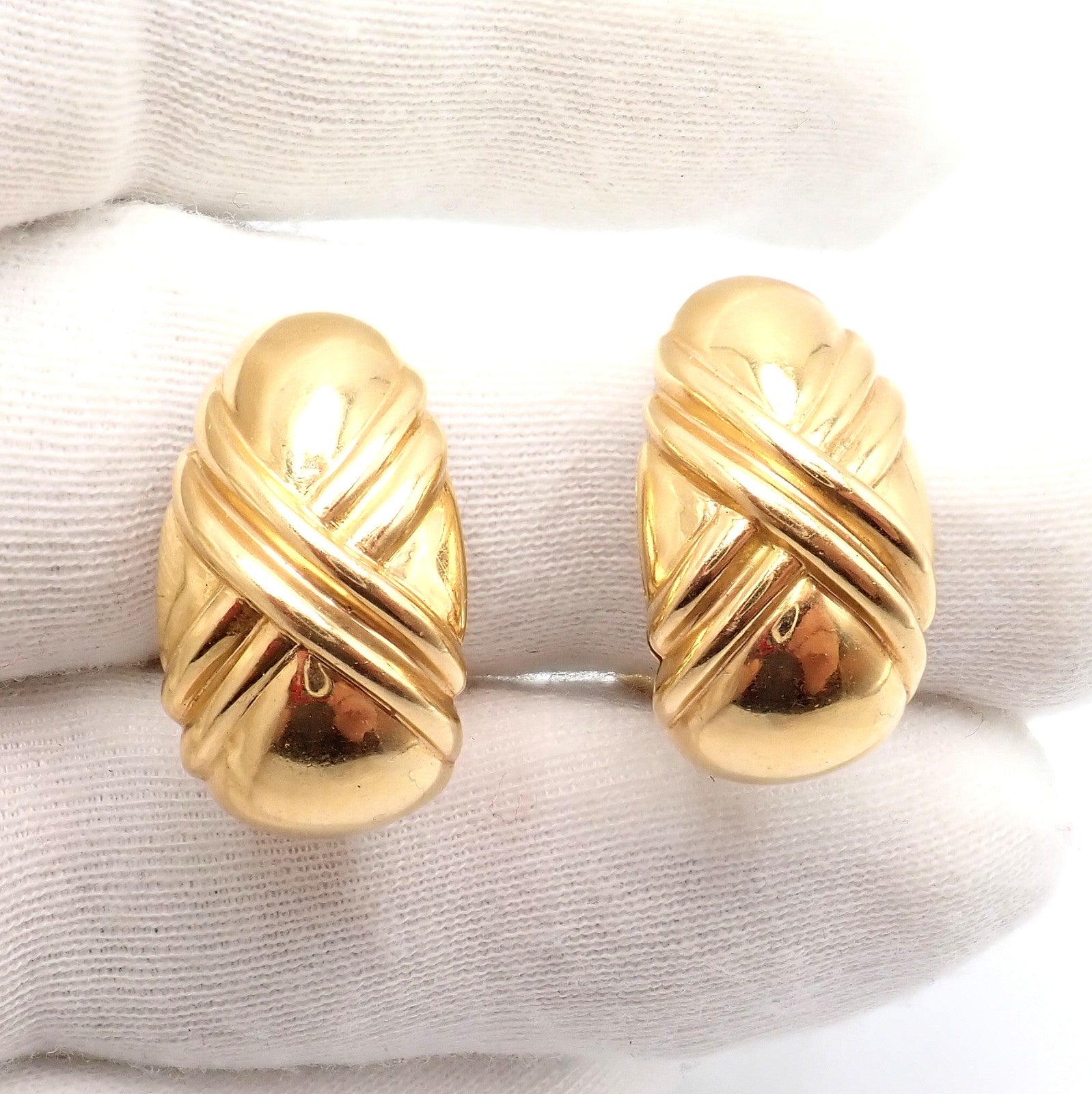 Authentic! Vintage Bulgari Bvlgari 18k Yellow Gold Roma Double X Huggie Earrings | Fortrove