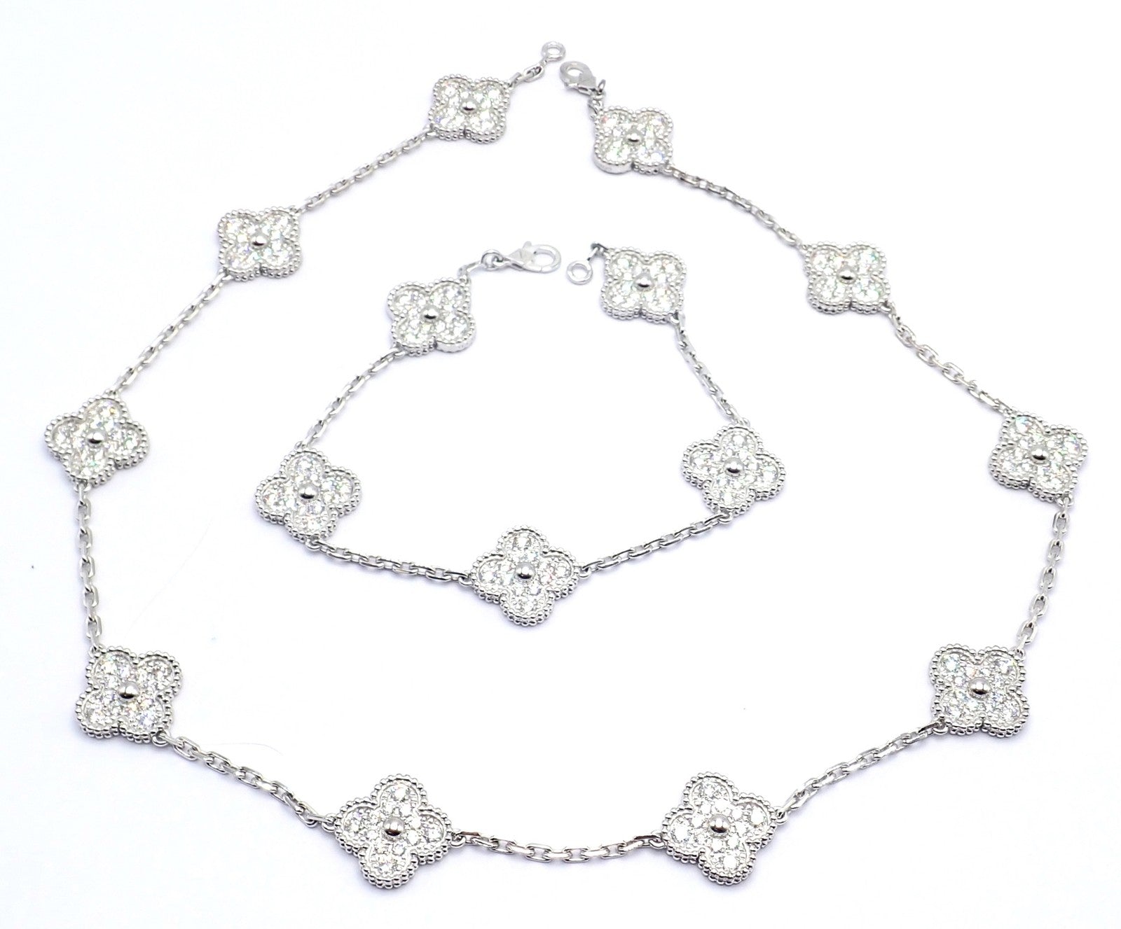 Van Cleef & Arpels Jewelry & Watches:Fine Jewelry:Jewelry Sets Van Cleef & Arpels 18k Gold Vintage Alhambra Diamond Necklace Bracelet Set Cert.