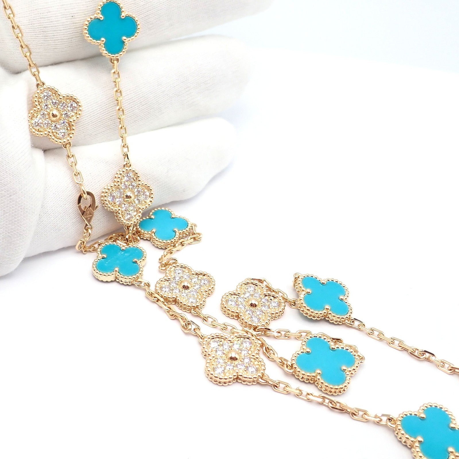 Van Cleef & Arpels 18k Yellow Gold 20 Motif Alhambra Diamond Turquoise Necklace | Fortrove