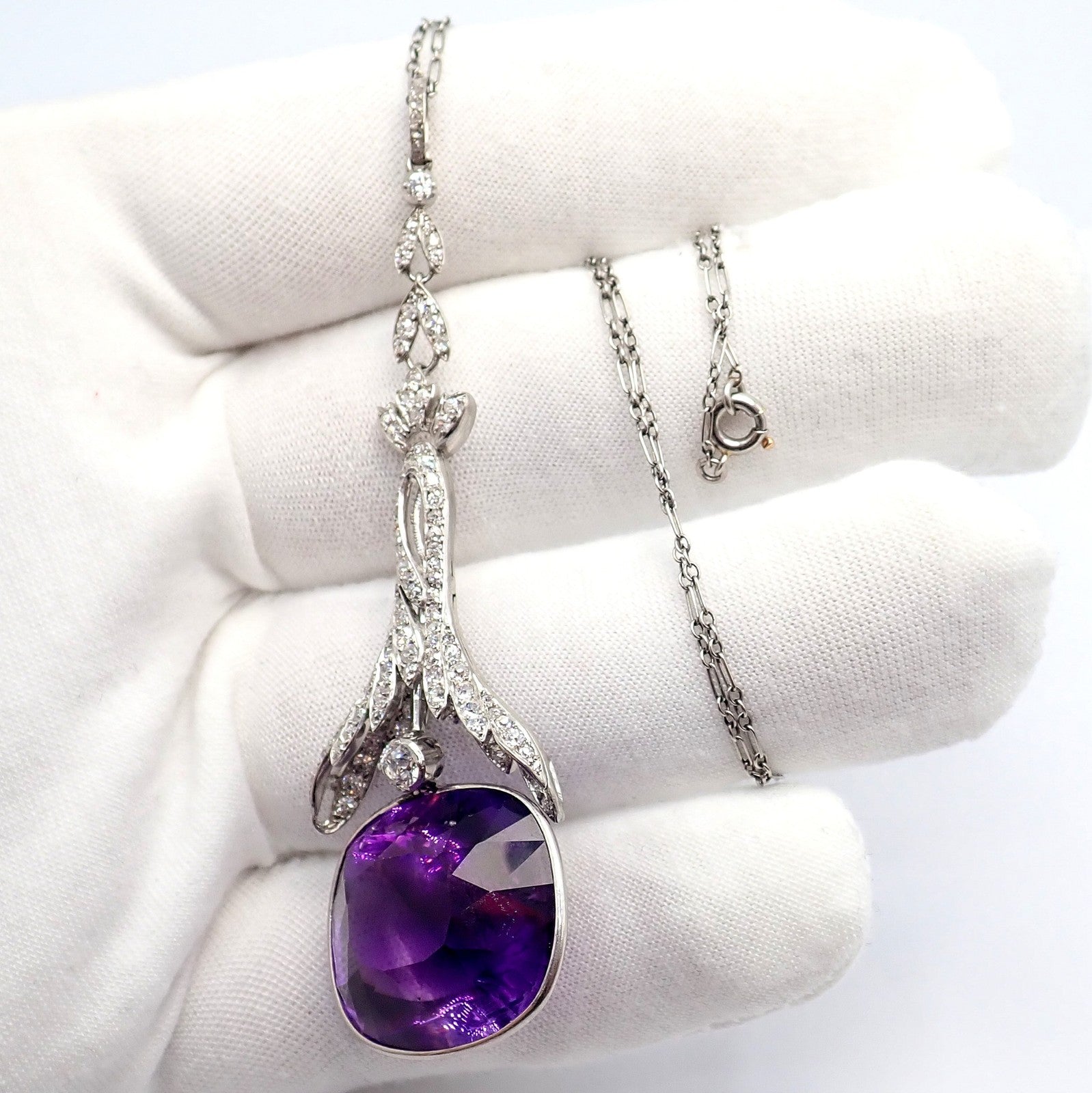 Vintage Estate Platinum Diamond Large Amethyst Art Deco Necklace | Fortrove