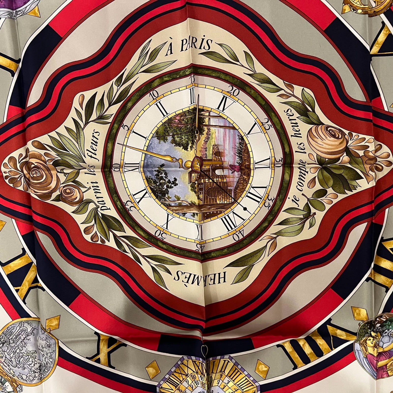 Hermes Clothing, Shoes & Accessories:Women:Women's Accessories:Scarves & Wraps Authentic Hermes Carre 90cm Parmi les Fleurs Je Compte les Heures Silk Scarf