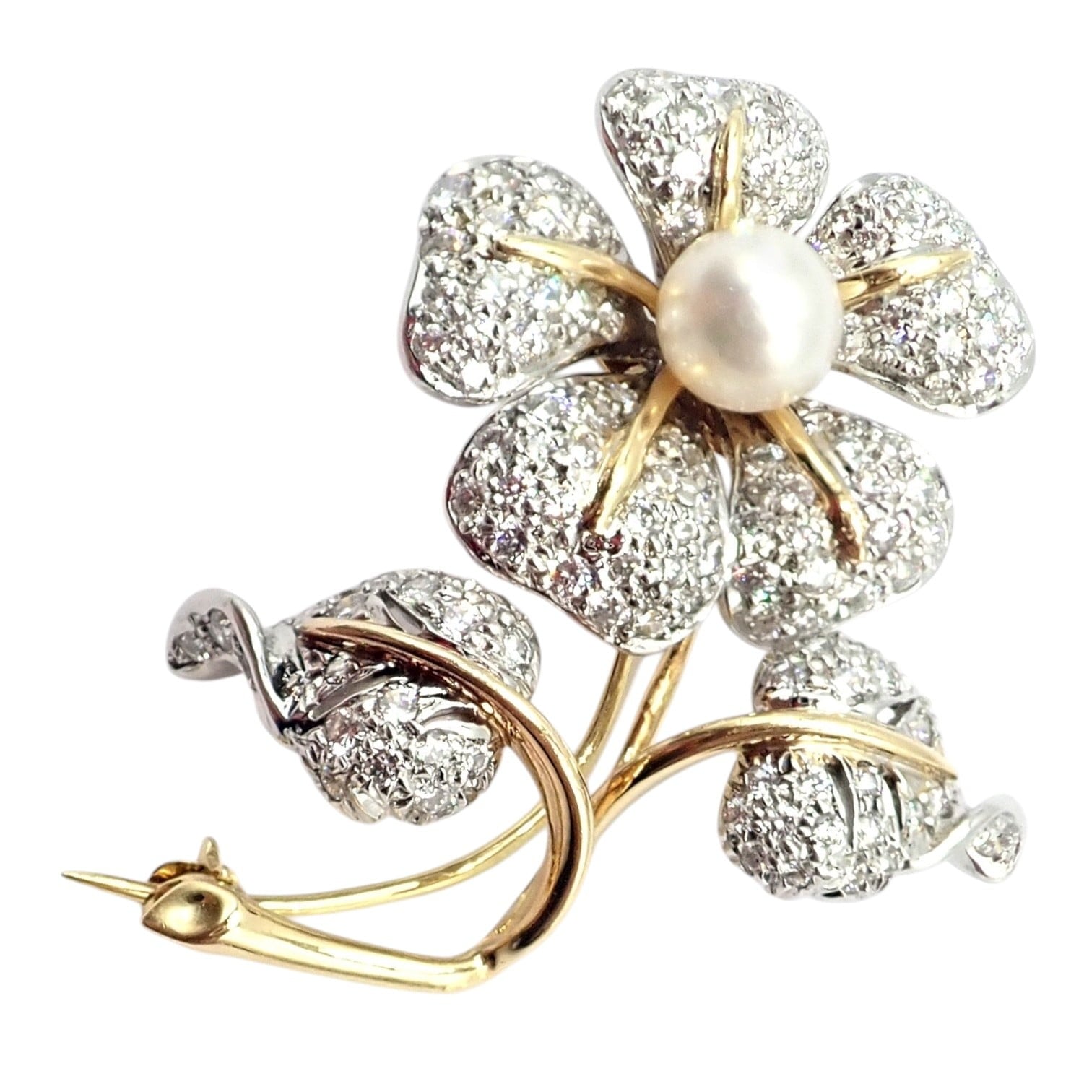 Vintage! Tiffany & Co 18k Yellow Gold Platinum Diamond Pearl Pin Brooch | Fortrove