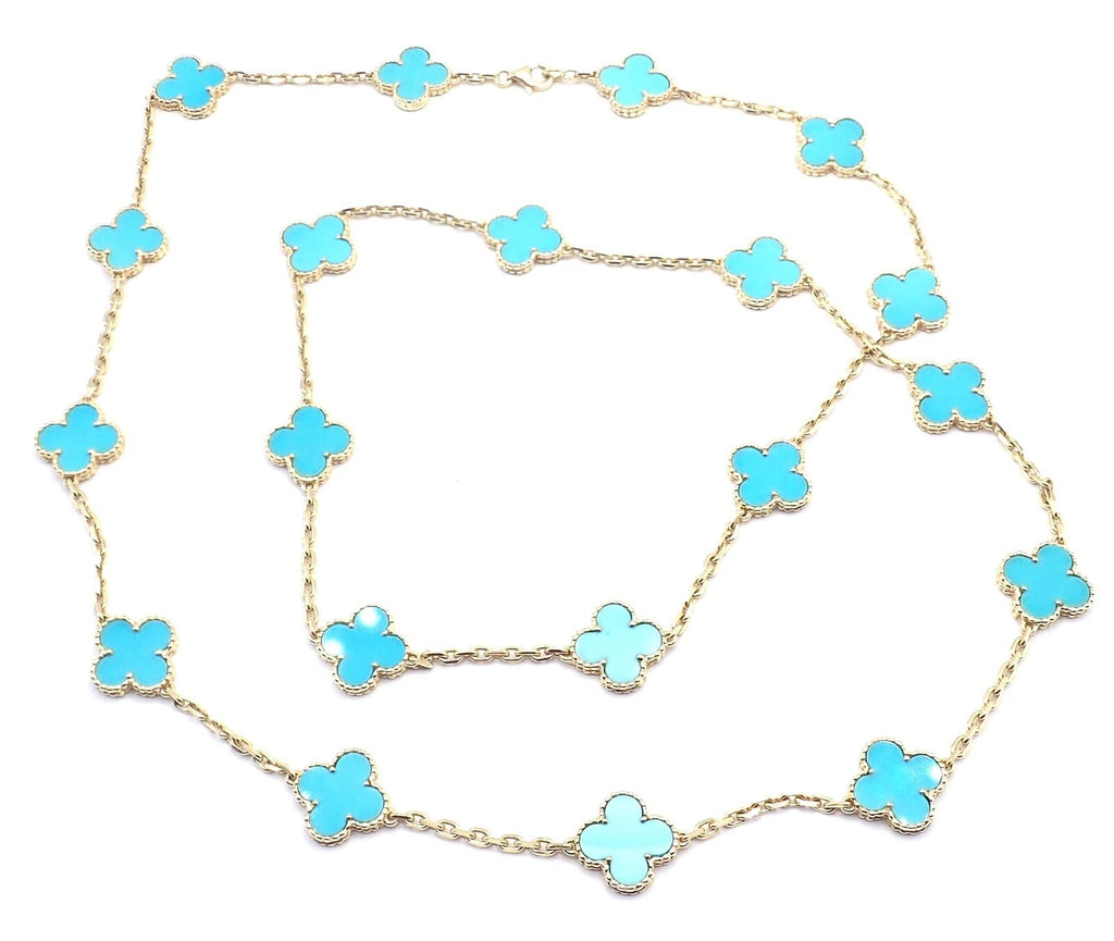 Van Cleef & Arpels 18k Yellow Gold 20 Motif Alhambra Turquoise Necklac