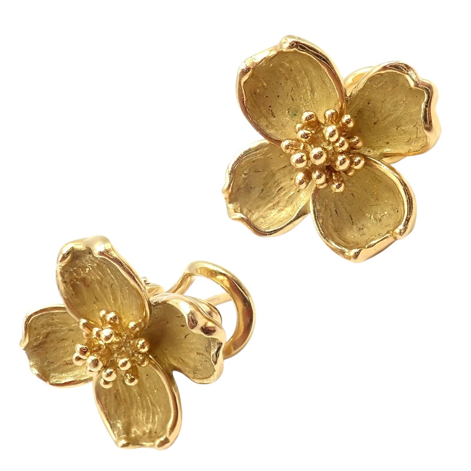 Authentic! Vintage Tiffany & Co 18K Yellow Gold Dogwood Flower Earrings | Fortrove