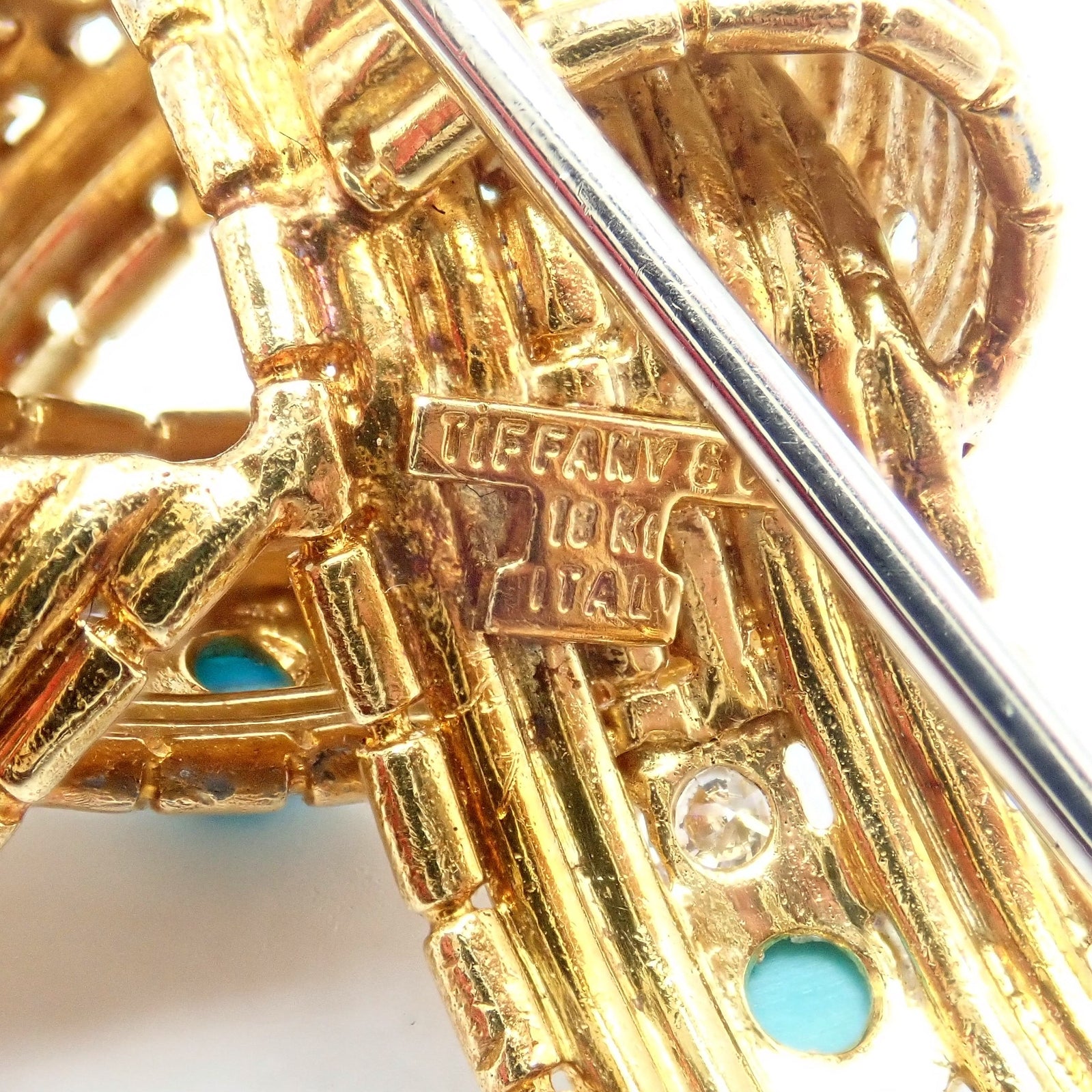 Tiffany & Co. Jewelry & Watches:Fine Jewelry:Brooches & Pins Vintage Tiffany & Co. 18k Yellow Gold Diamond Turquoise Bamboo Bow Pin Brooch