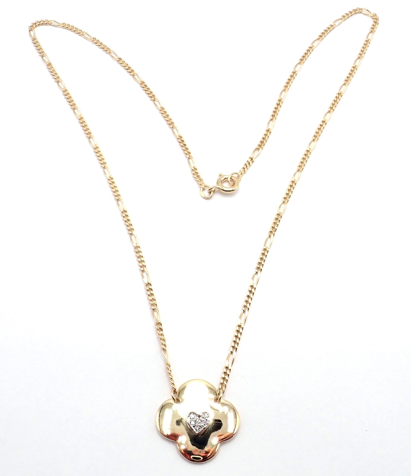 Authentic! Vintage Cartier 18k Yellow Gold Diamond Heart Clover Pendant Necklace | Fortrove
