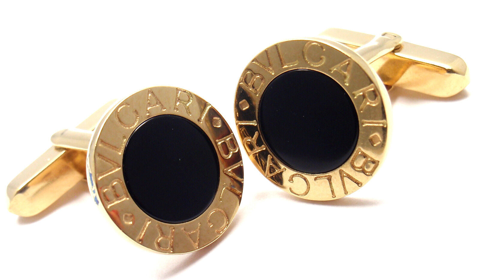 Authentic! Bulgari Bvlgari 18k Yellow Gold Black Onyx Cufflinks | Fortrove