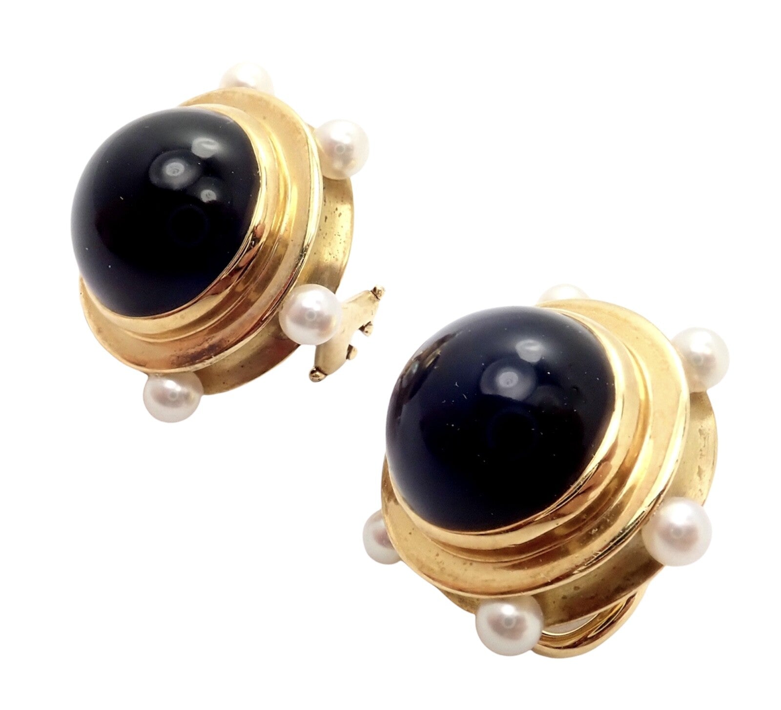 Vintage Authentic Rare Tiffany & Co. 18k Yellow Gold Pearl Onyx Earrings | Fortrove