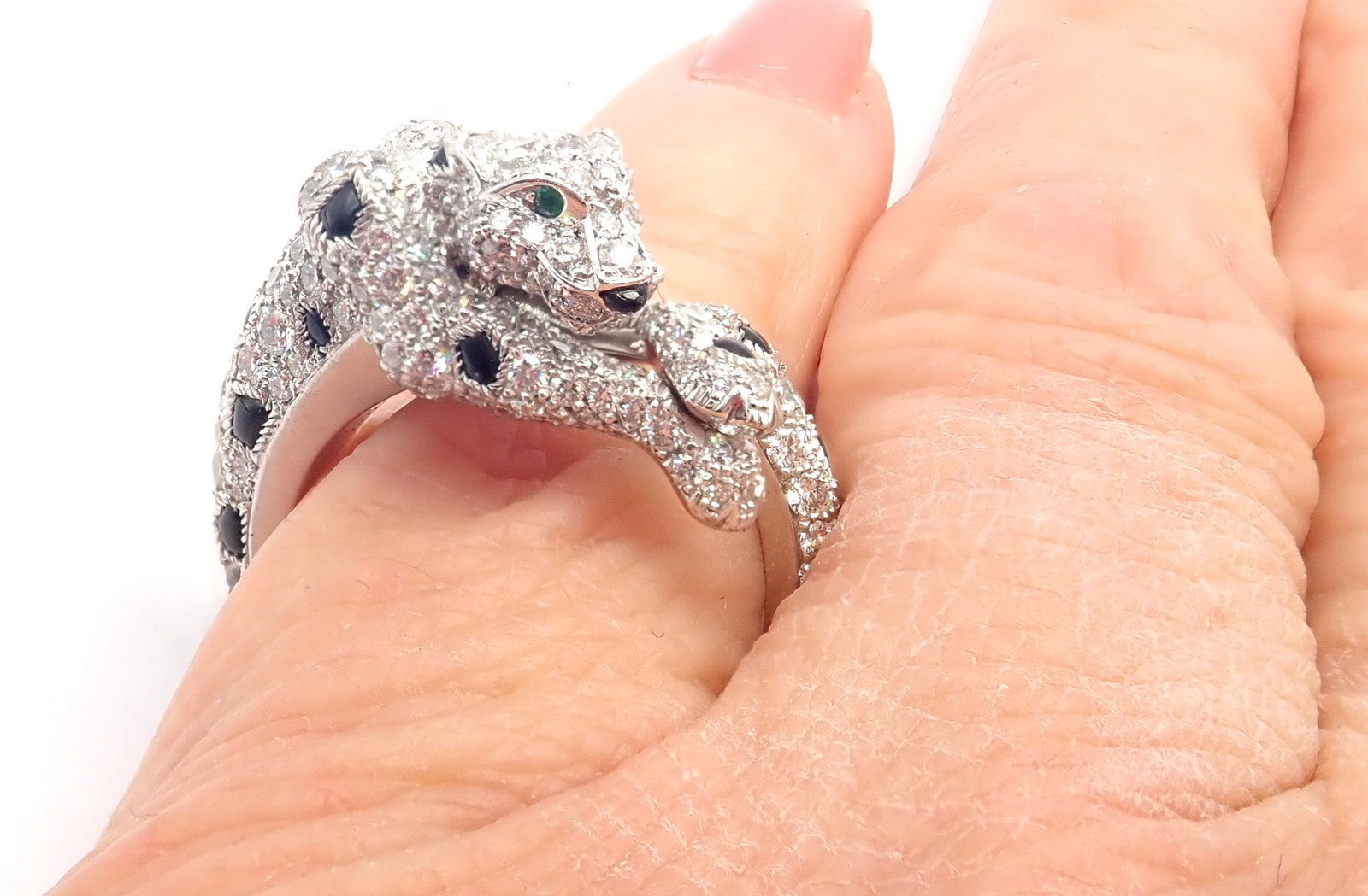 Authentic! Cartier Panther Panthere 18k White Gold Diamond Onyx Ring Paper | Fortrove