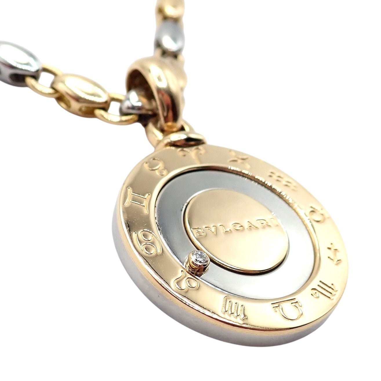 Authentic! Bulgari Bvlgari 18k Yellow Gold Steel Diamond Zodiac Pendant Necklace | Fortrove