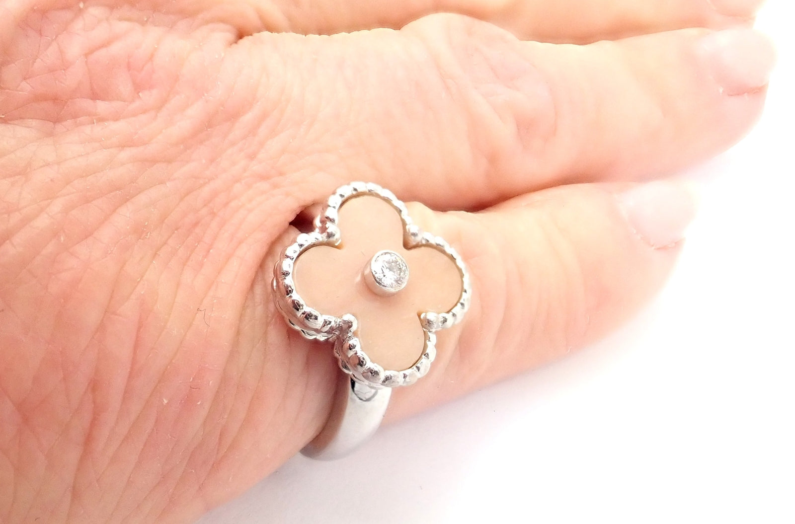 Authentic! Van Cleef & Arpels Alhambra 18k White Gold Pink Opal Diamond Ring | Fortrove