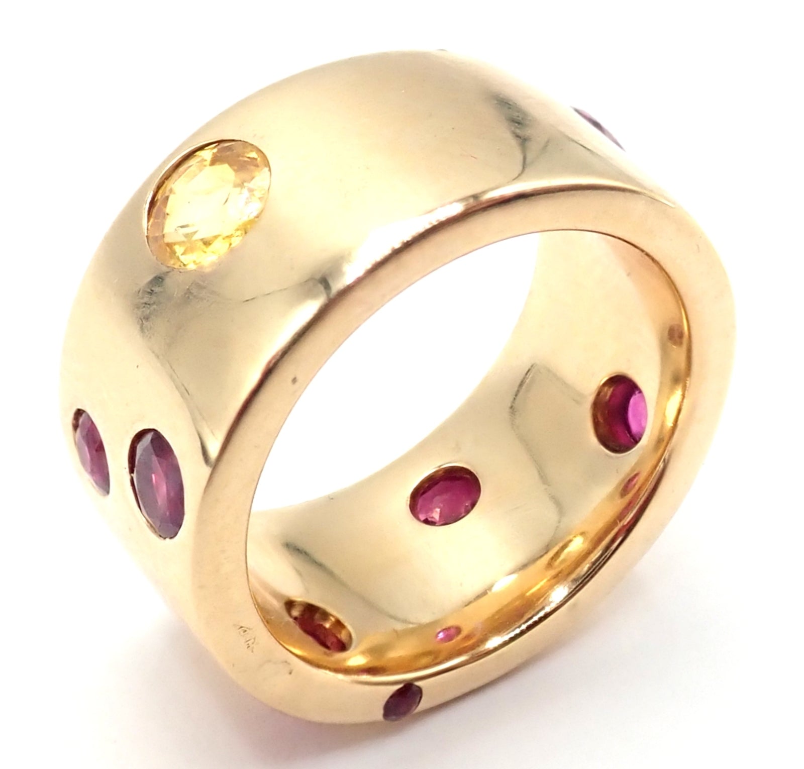 Authentic! Chanel 18k Yellow Gold Ruby Yellow Sapphire Wide Band Ring Size 5 | Fortrove