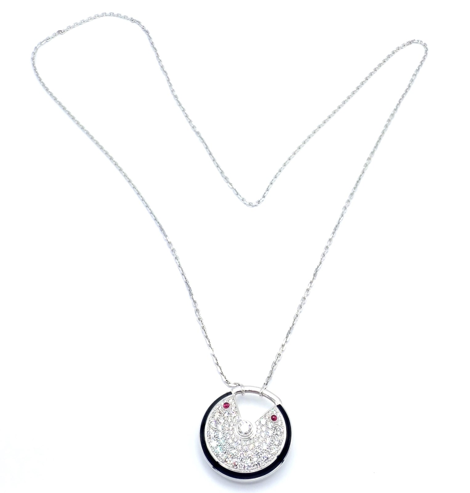 Authentic! Cartier Amulette 18k White Gold Diamond Ruby Large Pendant Necklace | Fortrove