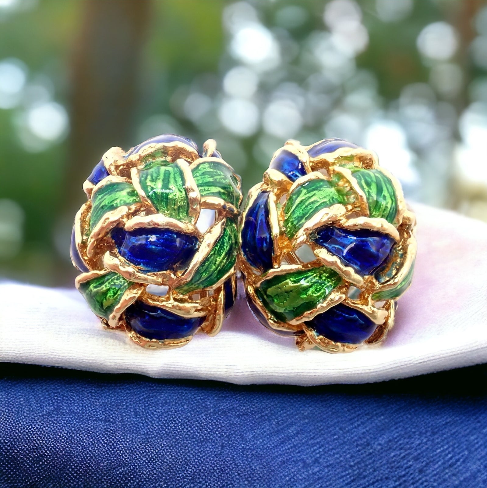 Vintage Tiffany & Co Green Blue Enamel 18k Yellow Gold Basket Weave Earrings | Fortrove