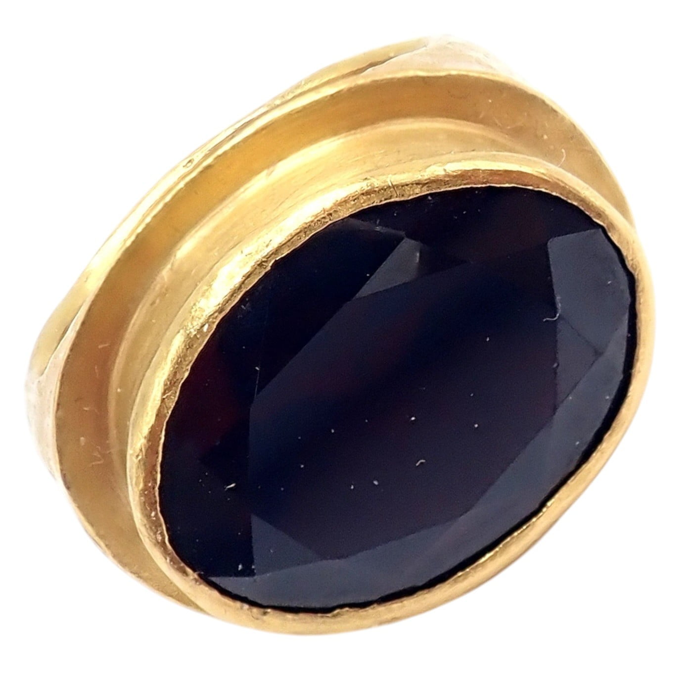 Authentic! Yossi Harari Hammered 24k Yellow Gold Large Garnet Ring sz 7 | Fortrove