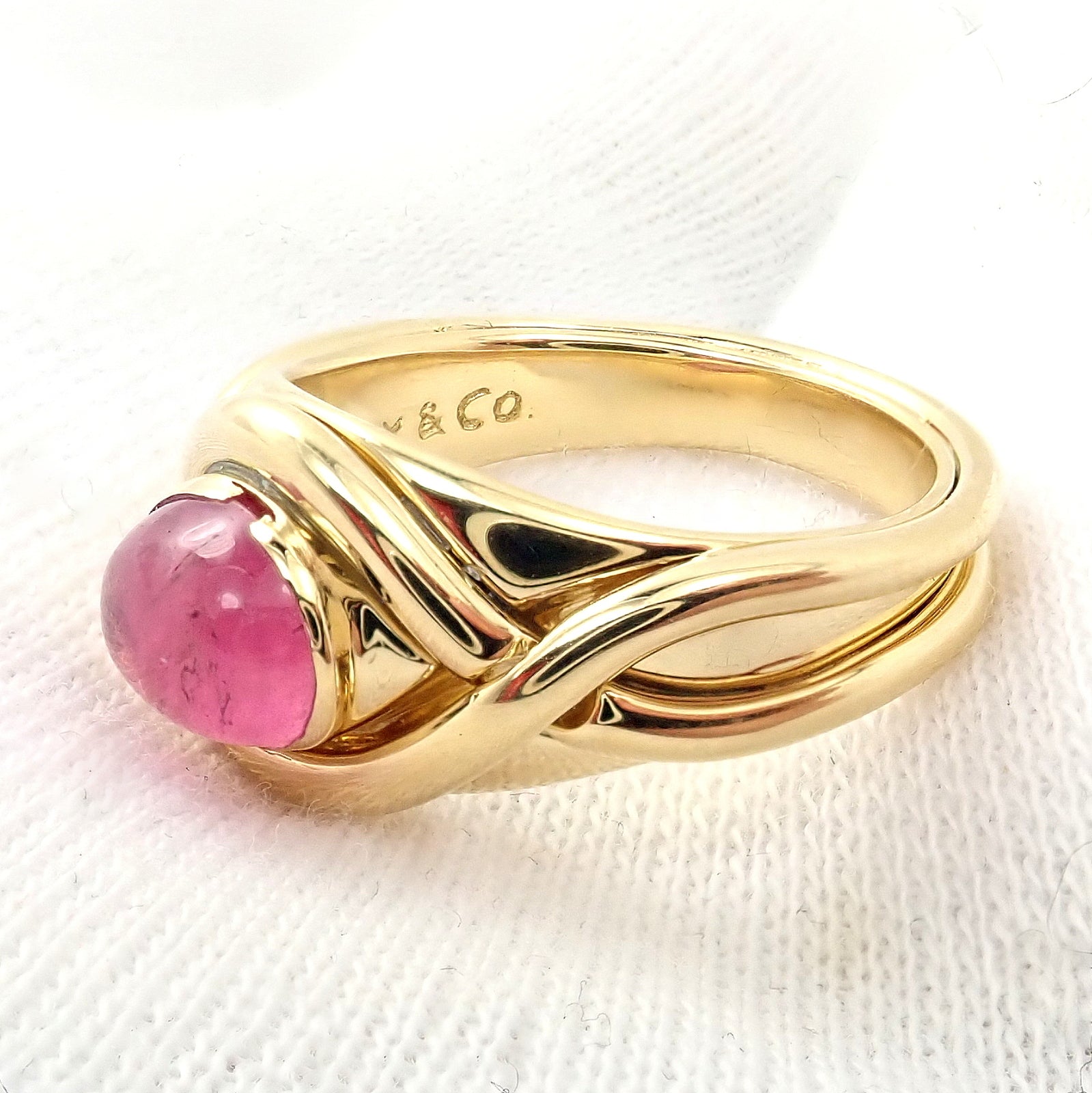Rare! Authentic Tiffany & Co 18k Yellow Gold Pink Tourmaline Cabochon Band Ring | Fortrove