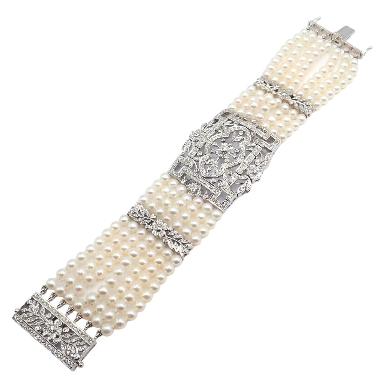 Vintage Estate 18k White Gold Diamond 7 Row 4.5mm Pearl Bracelet | Fortrove