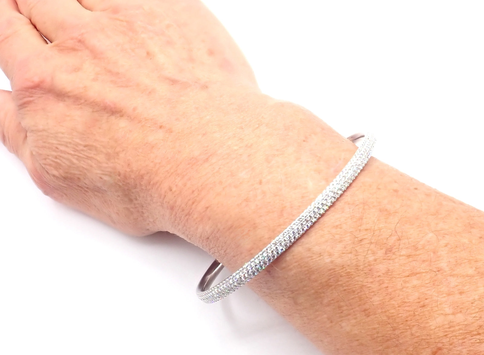 Tiffany & Co Metro 18k White Gold Full Diamond Three Row Bangle Bracelet $22,300 | Fortrove