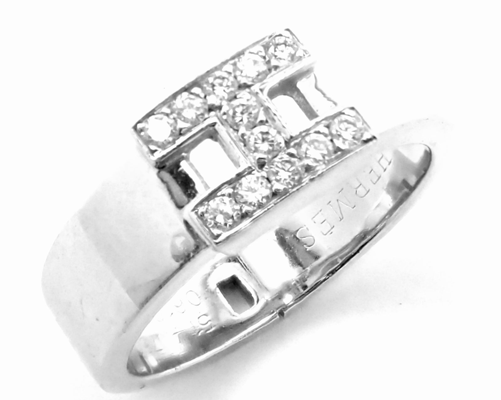 Authentic! Hermes 18k White Gold Diamond H Band Ring | Fortrove