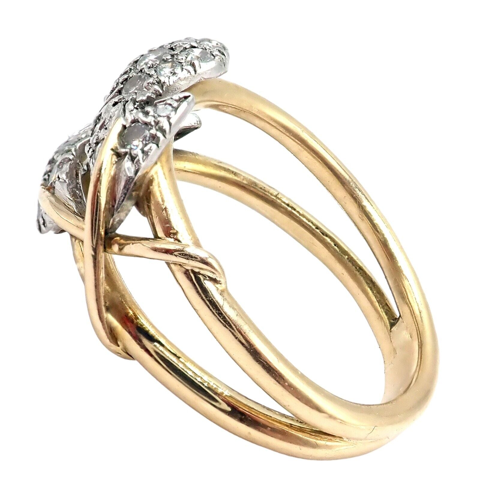 Authentic! Tiffany & Co. Schlumberger Diamond Yellow Gold Platinum Two Leaf Ring | Fortrove