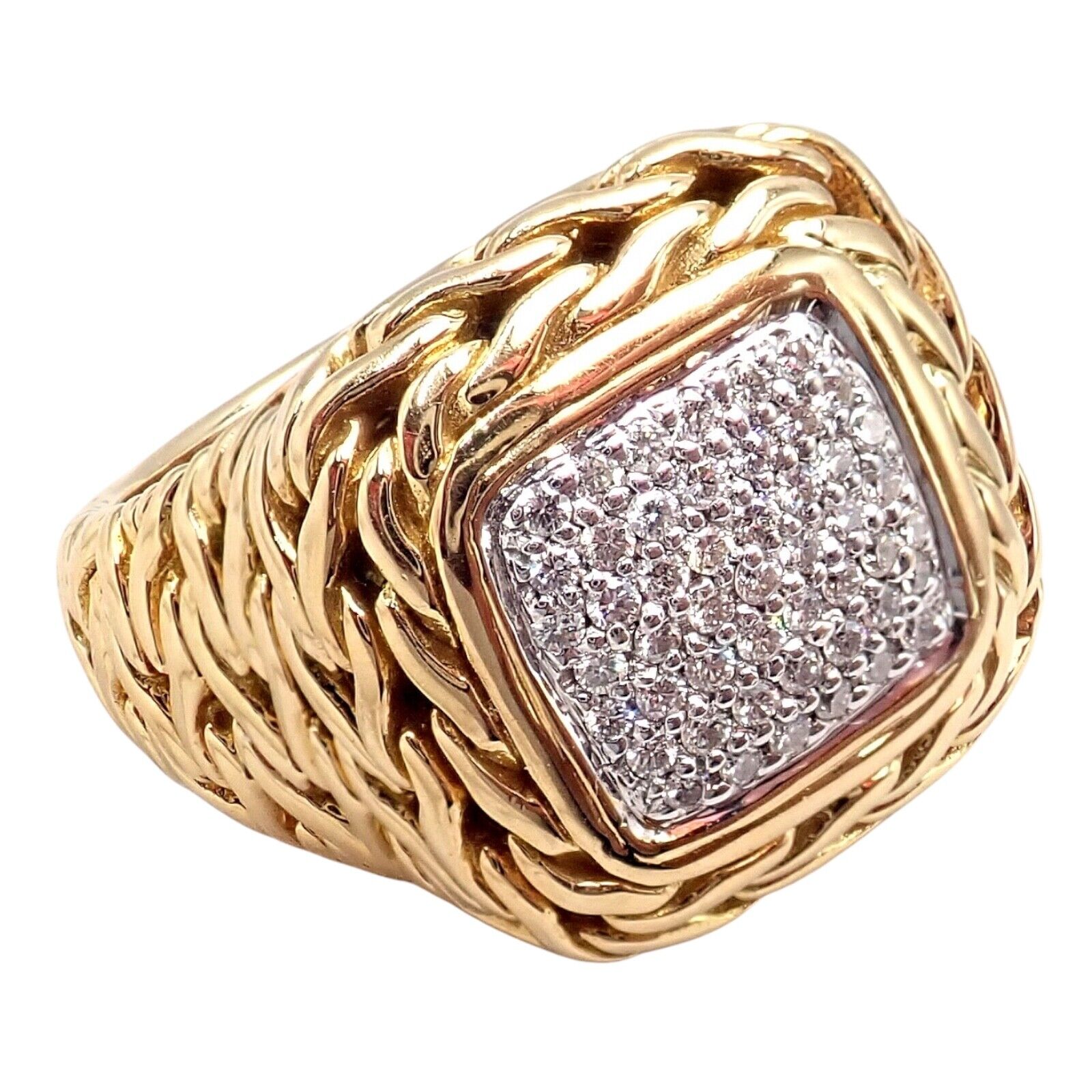 Authentic! John Hardy JH 18k Yellow Gold Diamond Square Signet Signature Ring | Fortrove