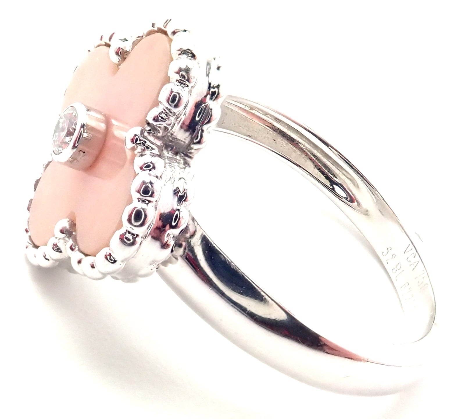 Authentic! Van Cleef & Arpels Alhambra 18k White Gold Pink Opal Diamond Ring | Fortrove