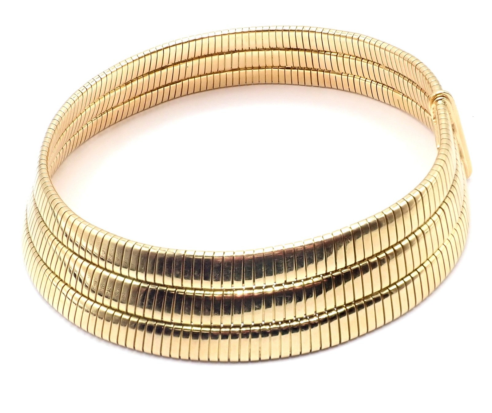 Authentic! Bvlgari Bulgari Three Rows Tubogas 18k Yellow Gold Choker Necklace | Fortrove