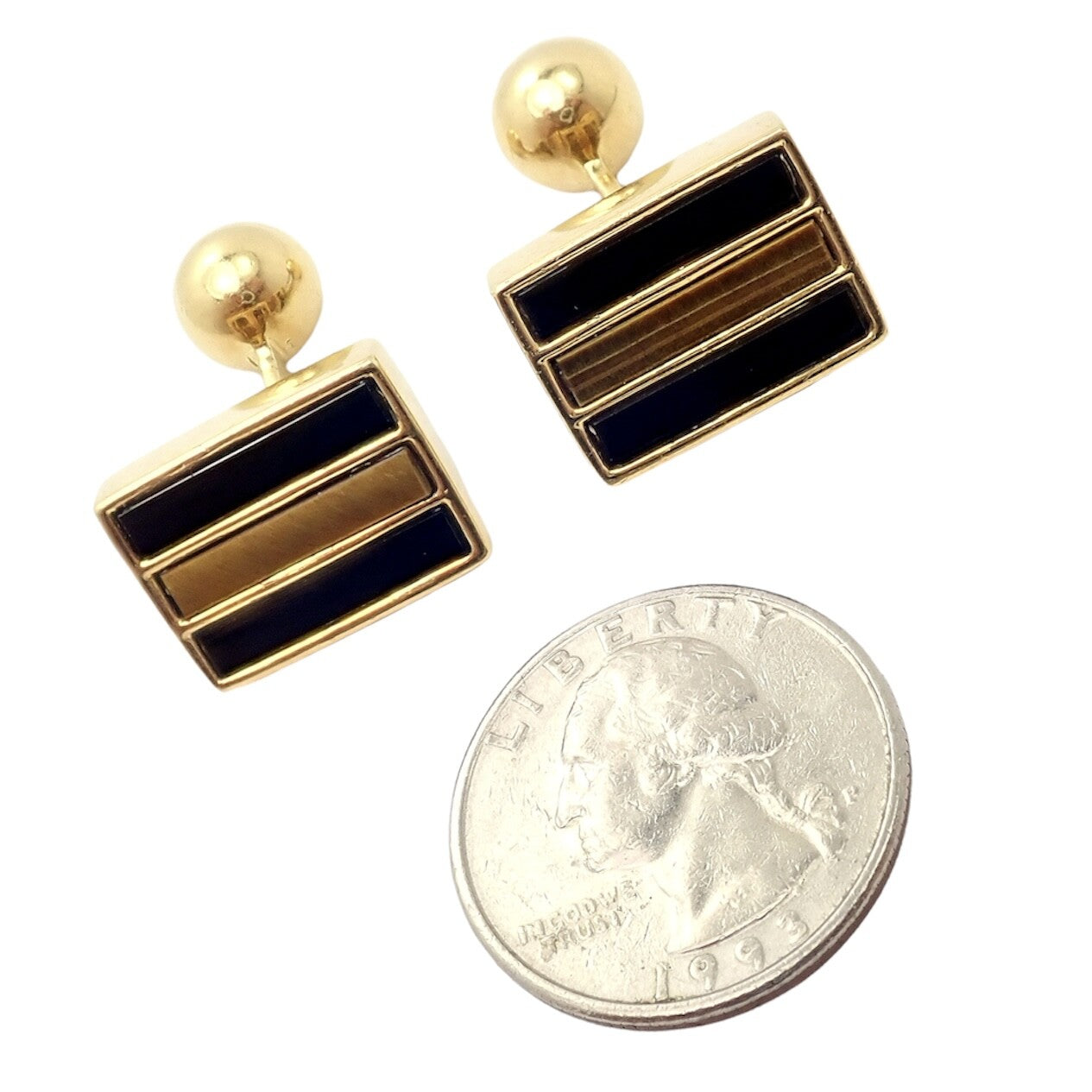 Rare Vintage Tiffany & Co. 18k Yellow Gold Classic Onyx Tiger Eye Cufflinks | Fortrove