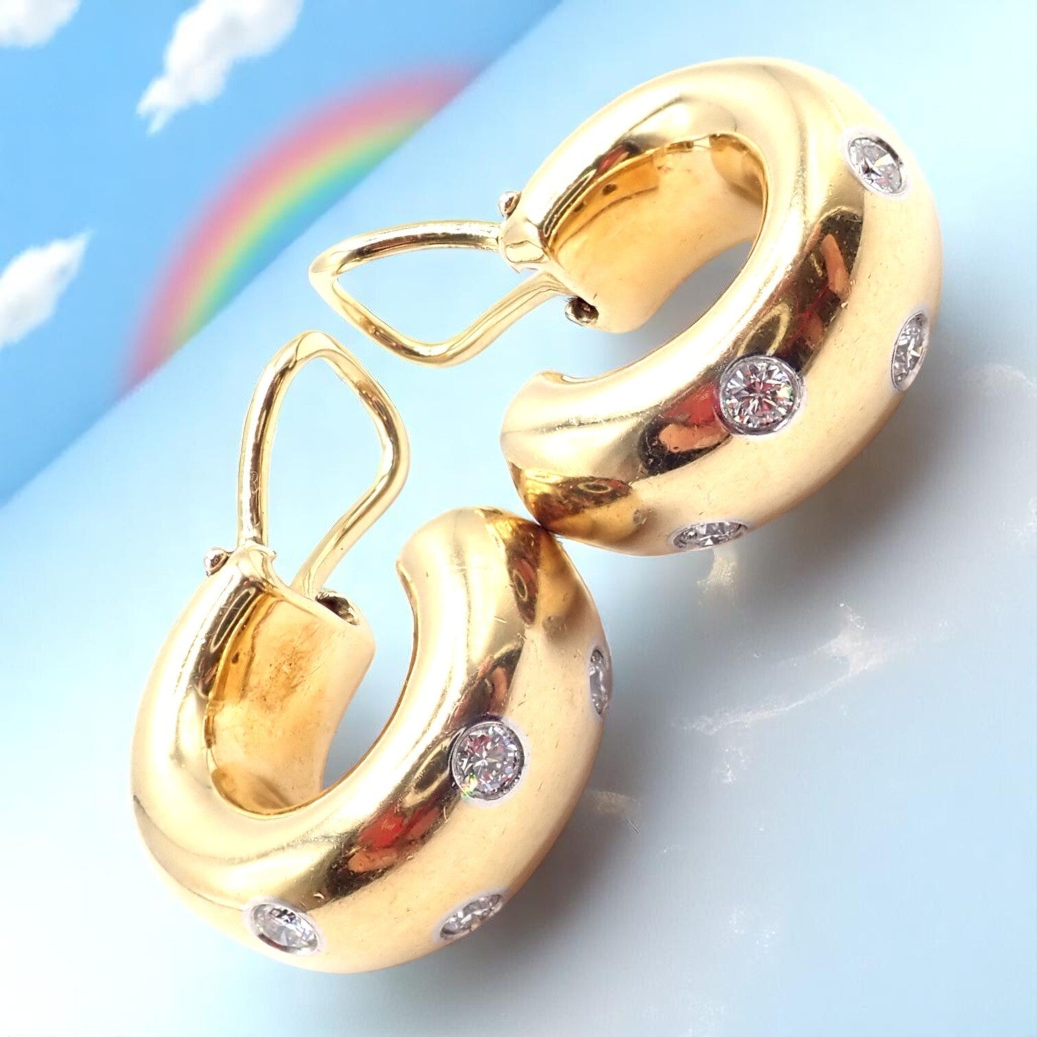 Authentic! Tiffany & Co 18k Yellow Gold Platinum Diamond Etoile Hoop Earrings | Fortrove