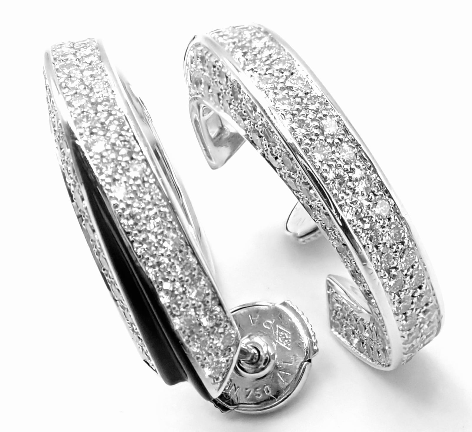 Authentic! Cartier Panthere 18k White Gold Diamond Onyx Hoop Earrings | Fortrove