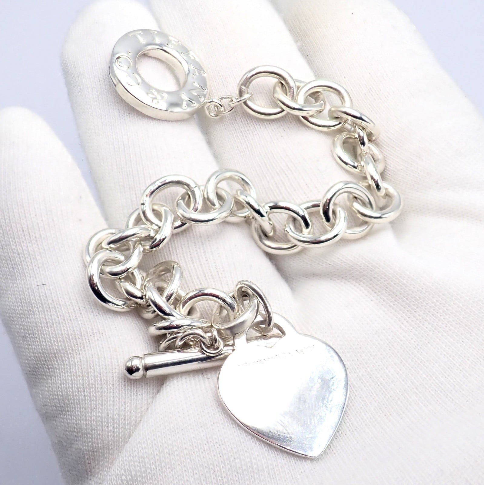 Tiffany & Co Silver Heart Tag Charm + Toggle Bracelet + Oval Jump Ring