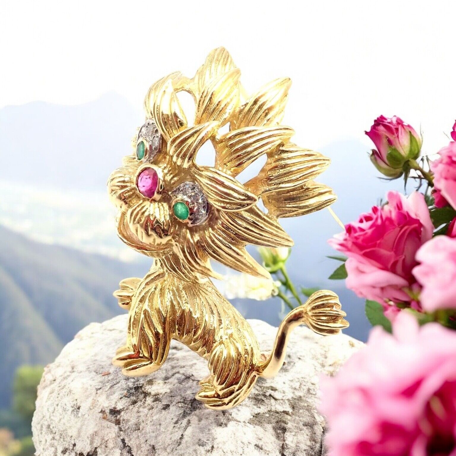 Authentic! Cartier Whimsical Dragon Lion 18k Yellow Gold Diamond Ruby Pin Brooch | Fortrove