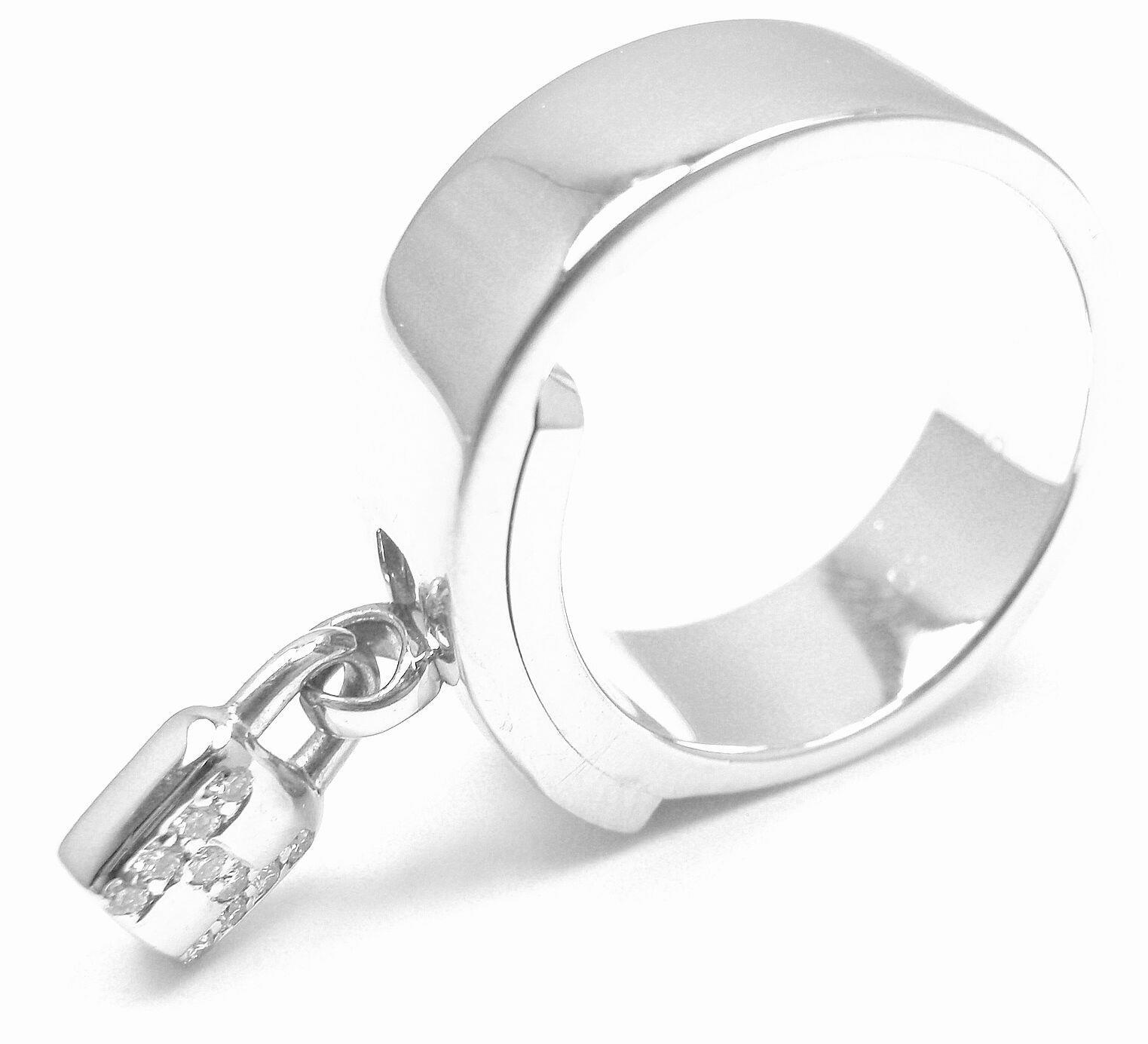 Authentic! Hermes 18k White Gold Diamond "H" Lock Band Ring Size 5 | Fortrove
