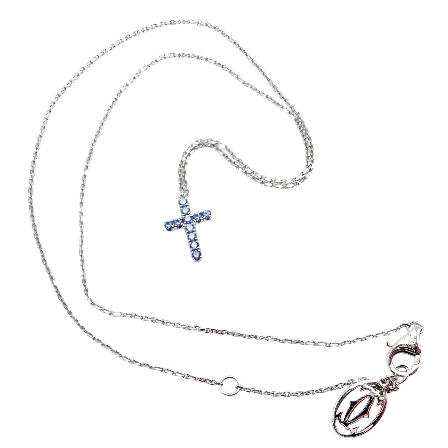 Authentic! Cartier 18k White Gold Sweet Cross Blue Sapphire Pendant Necklace | Fortrove