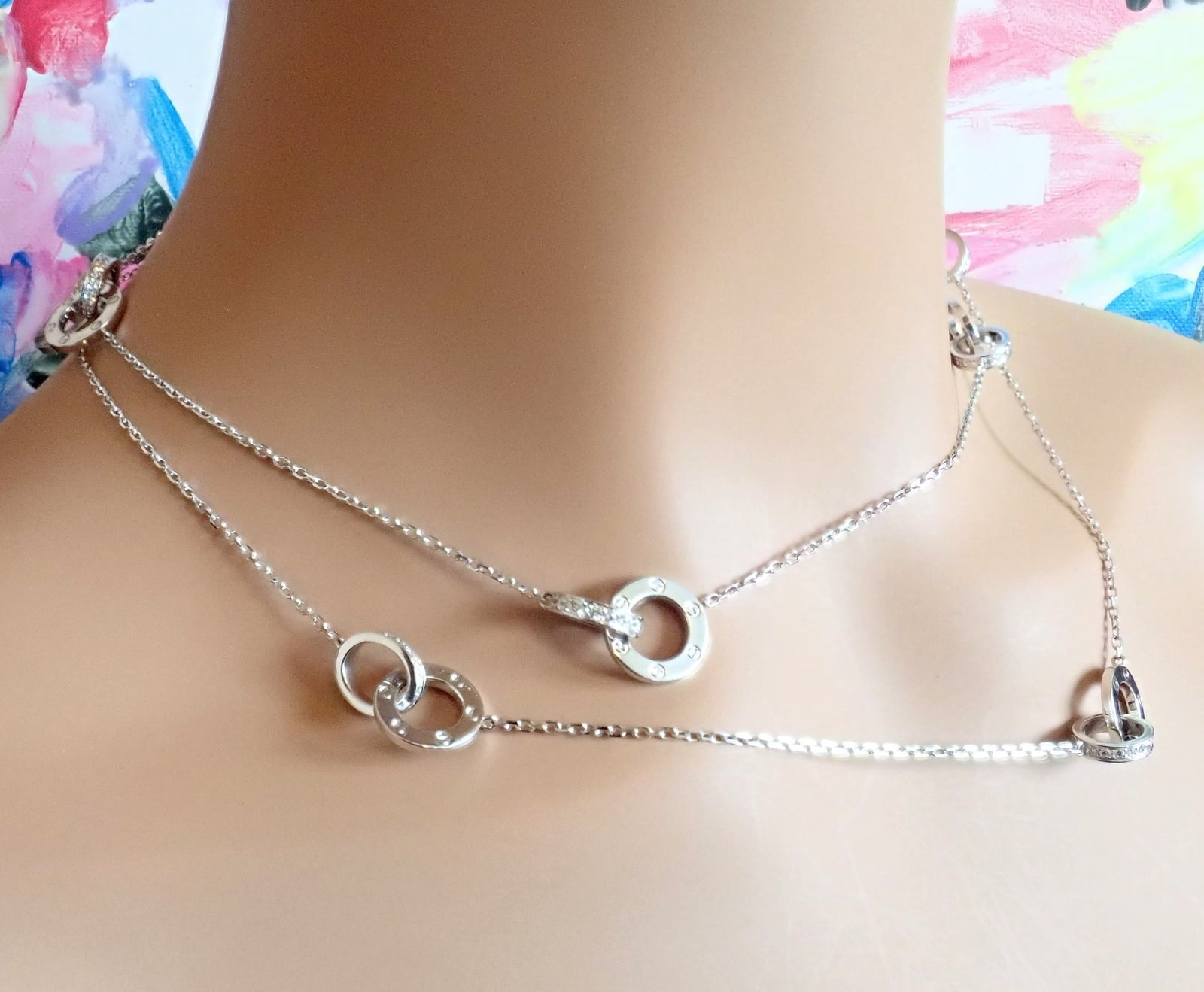 Rare! Authentic Cartier 18k White Gold Diamond Love 8 Station 36" Long Necklace | Fortrove